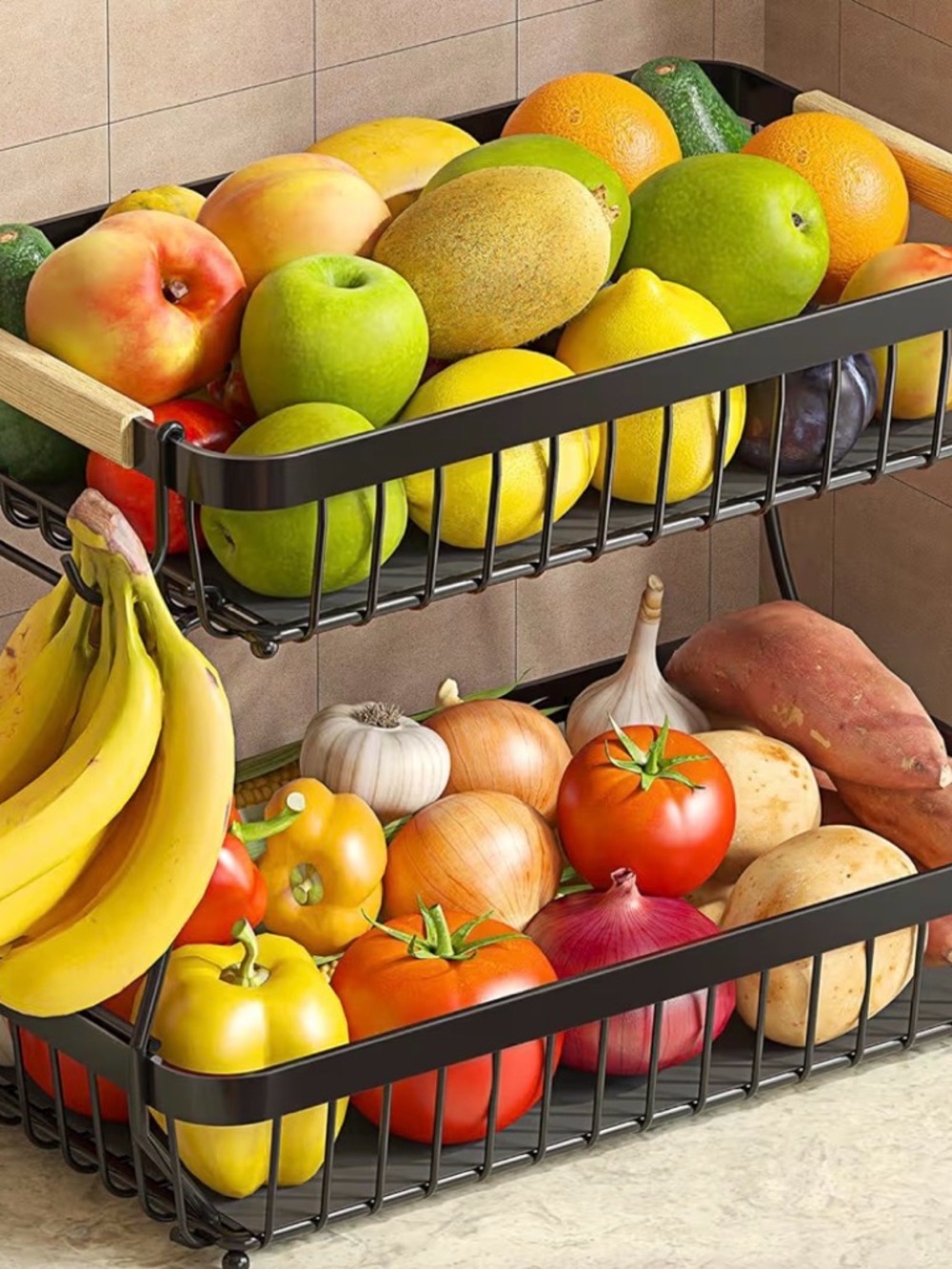 2-Tier Black Metal Fruit Basket/Organizer